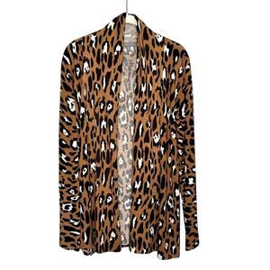 Neiman Marcus Cashmere Cardigan Sweater Womens Medium Brown Leopard Open Front